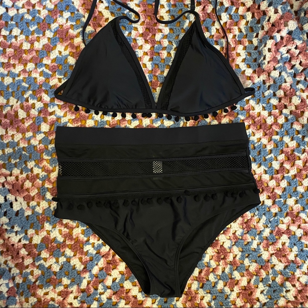 NEW NWOT black Bikini size XL POM POM BALLS TRIM